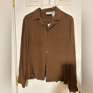 Vintage Liz Claiborne Tunic Womens 8 Brown 100% Silk Button Long Sleeve Top